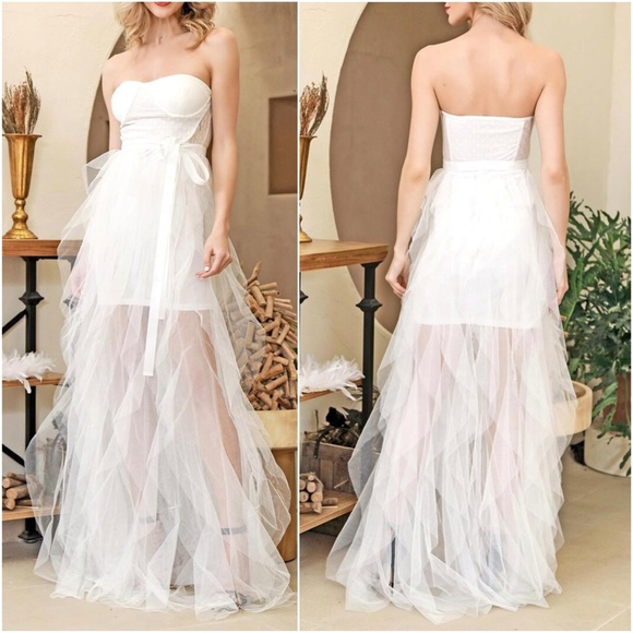 Boho Nude Pink mesh ruffle maxi dress wedding Prom - Picture 4 of 8